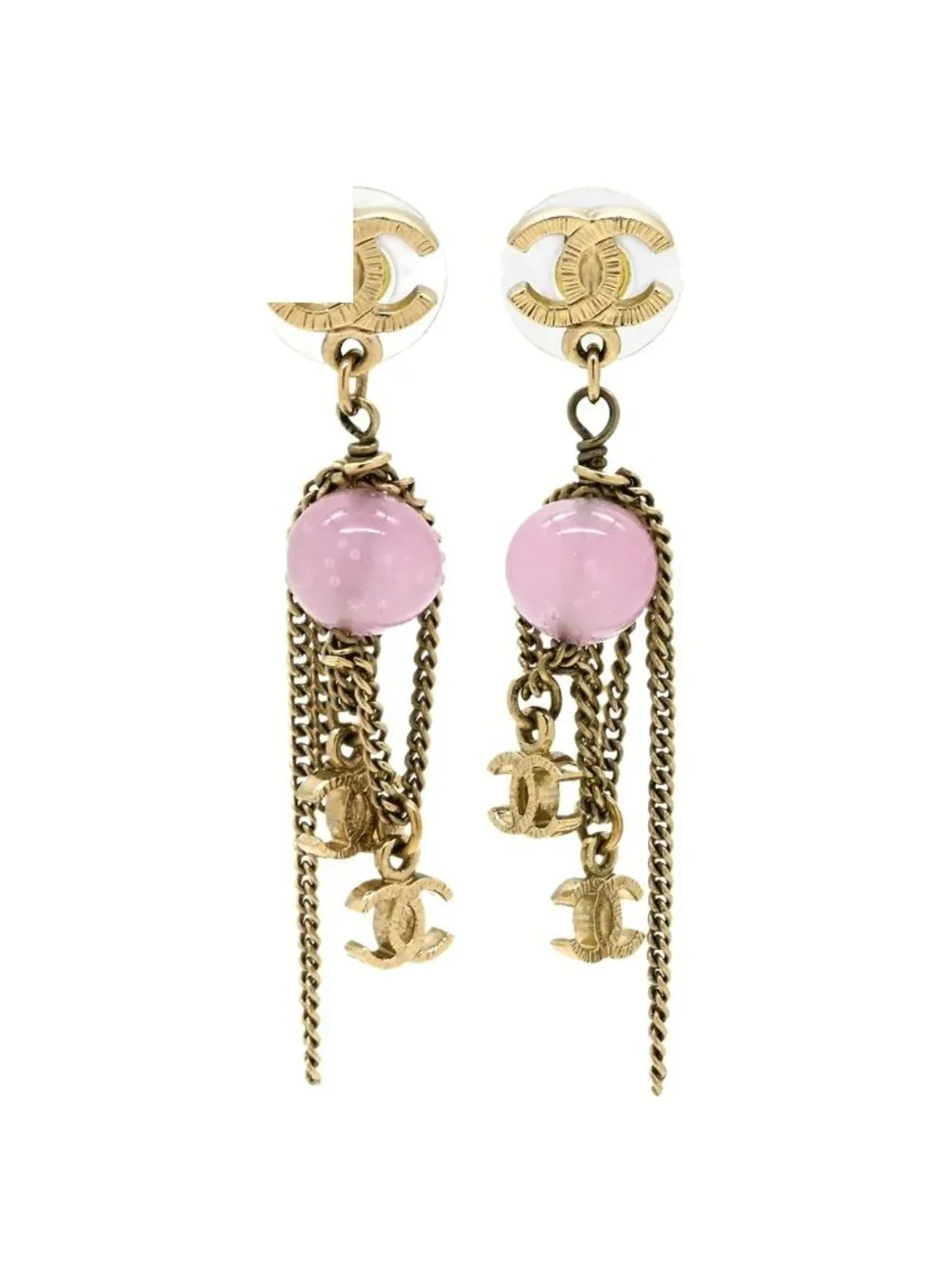 Chanel 09A Earrings CC Logo Color Stone Chain Pink Gold CC Mark Drop Swing